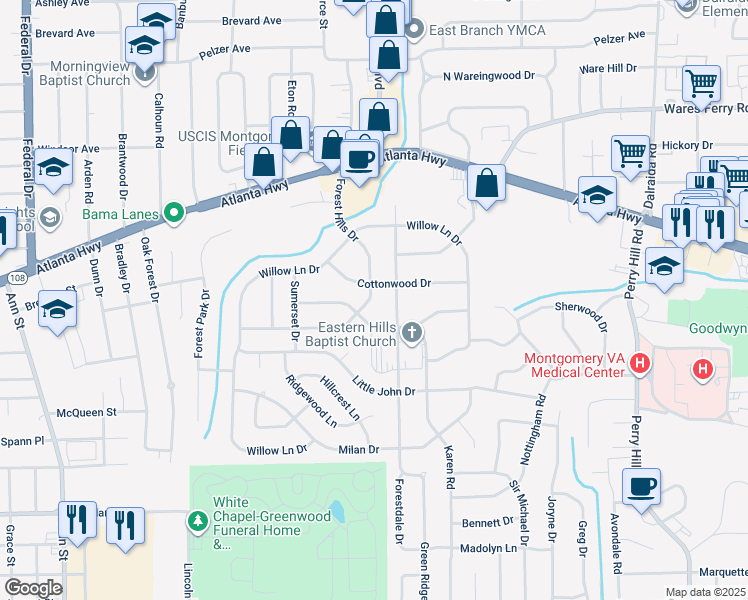 map of restaurants, bars, coffee shops, grocery stores, and more near 311 Forest Hills Drive in Montgomery