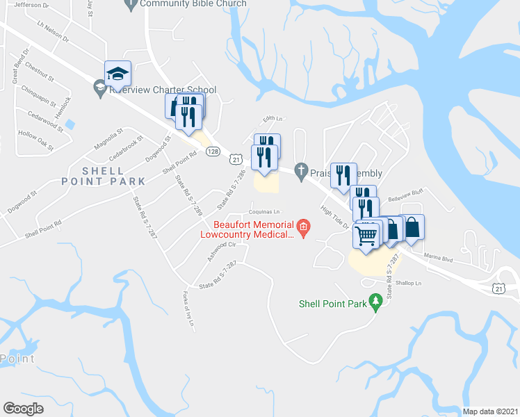 map of restaurants, bars, coffee shops, grocery stores, and more near 408 Coquinas Lane in Beaufort