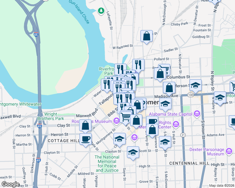 map of restaurants, bars, coffee shops, grocery stores, and more near 172 Commerce Street in Montgomery
