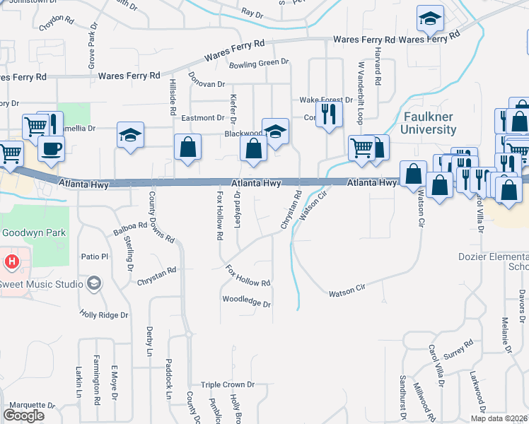 map of restaurants, bars, coffee shops, grocery stores, and more near Long Ridge Road in Montgomery