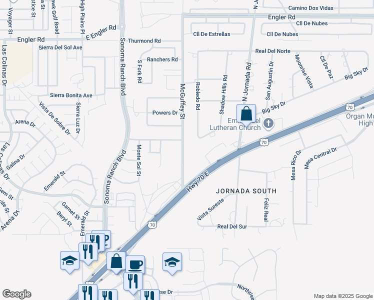 map of restaurants, bars, coffee shops, grocery stores, and more near 5725 Robledo Road in Las Cruces