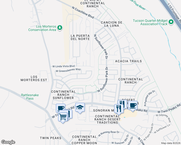 map of restaurants, bars, coffee shops, grocery stores, and more near 7814 West Red Clay Lane in Tucson