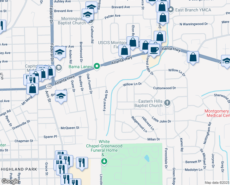 map of restaurants, bars, coffee shops, grocery stores, and more near 3235 Willow Lane Drive in Montgomery