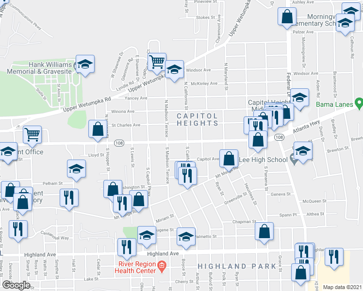 map of restaurants, bars, coffee shops, grocery stores, and more near in Montgomery