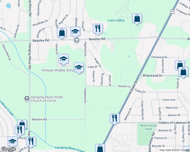 map of restaurants, bars, coffee shops, grocery stores, and more near 5661 Plemon Street in Jackson