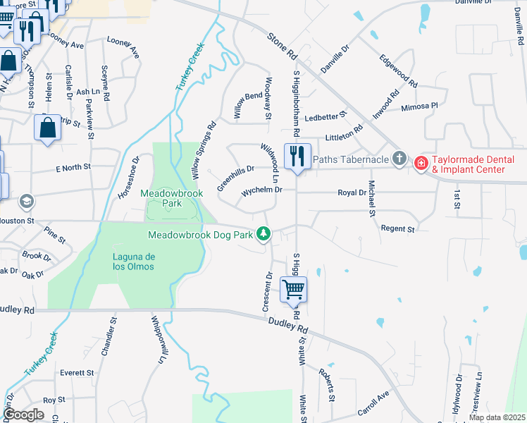 map of restaurants, bars, coffee shops, grocery stores, and more near 2200 Greenhills Drive in Kilgore