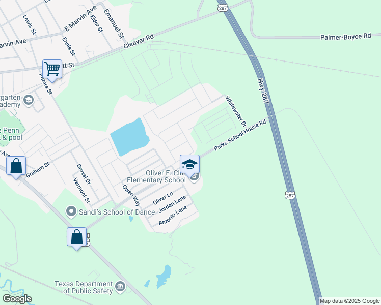 map of restaurants, bars, coffee shops, grocery stores, and more near Parks School House Road in Waxahachie