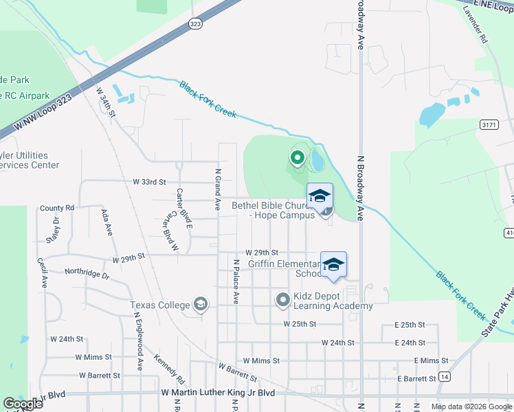 map of restaurants, bars, coffee shops, grocery stores, and more near 3022 Glass Avenue in Tyler