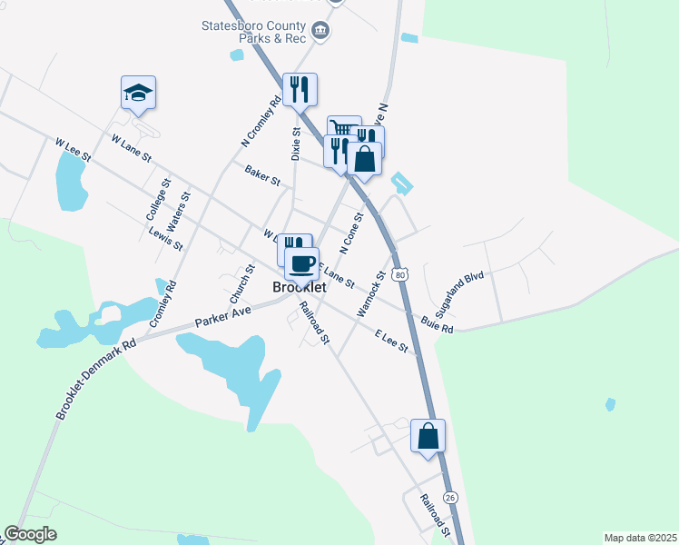 map of restaurants, bars, coffee shops, grocery stores, and more near 201 East Lane Street in Brooklet