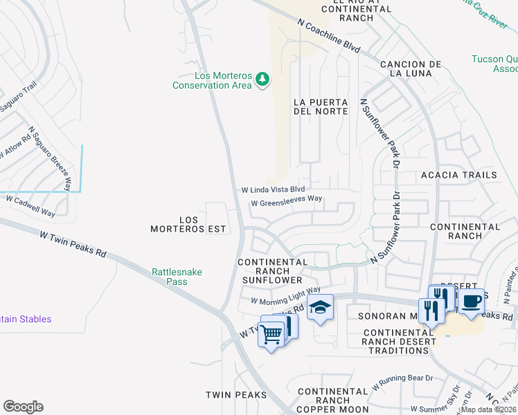 map of restaurants, bars, coffee shops, grocery stores, and more near 8104 West Greensleeves Way in Tucson