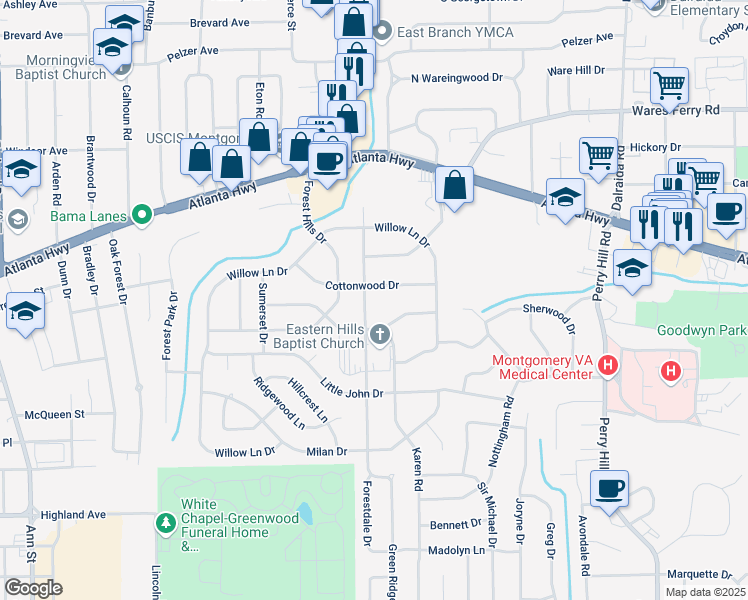 map of restaurants, bars, coffee shops, grocery stores, and more near 3508 Cottonwood Drive in Montgomery