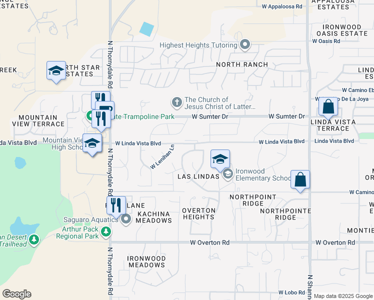 map of restaurants, bars, coffee shops, grocery stores, and more near 9563 North Crestone Drive in Tucson
