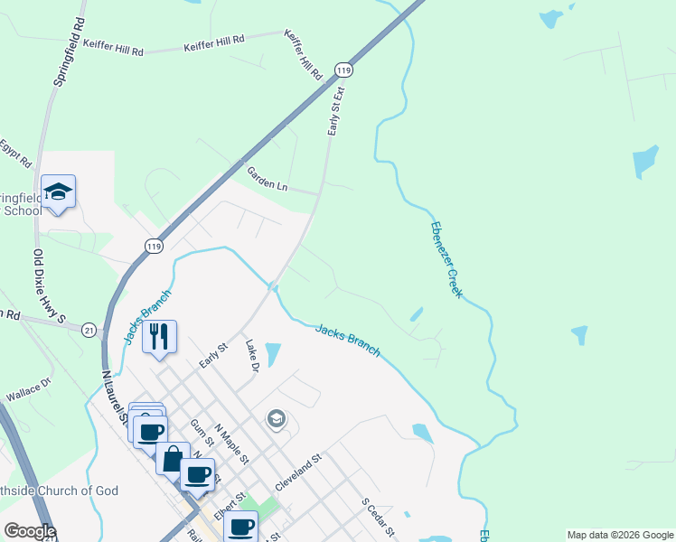 map of restaurants, bars, coffee shops, grocery stores, and more near 201 Hawk Hammock Road in Springfield