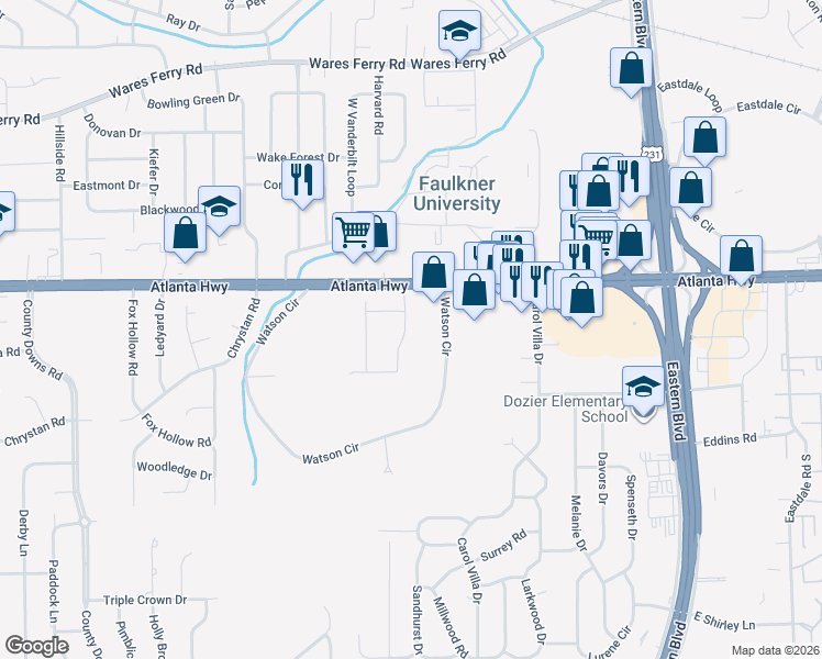 map of restaurants, bars, coffee shops, grocery stores, and more near 107 Mountain View Drive in Montgomery