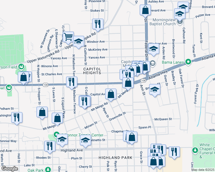 map of restaurants, bars, coffee shops, grocery stores, and more near 2080 Madison Avenue in Montgomery