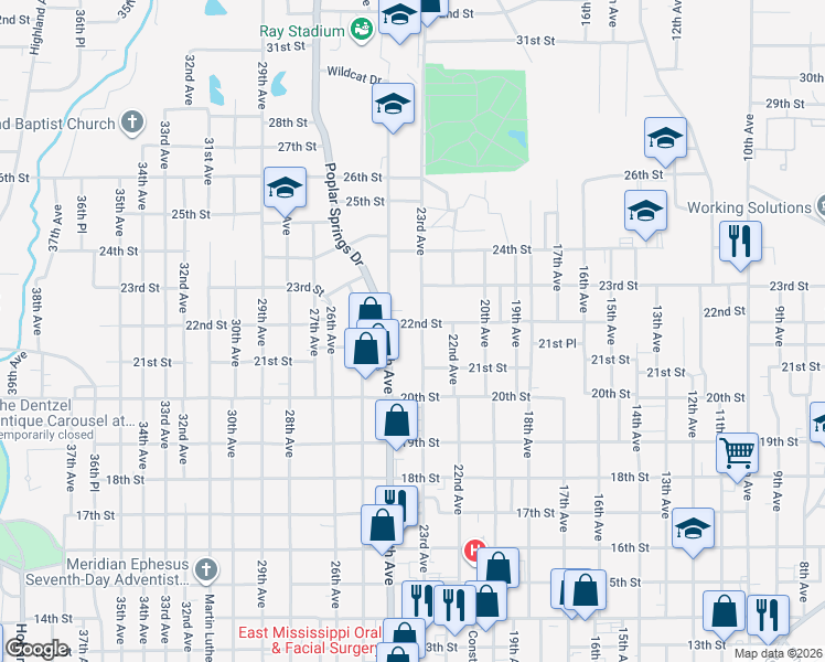 map of restaurants, bars, coffee shops, grocery stores, and more near 2136 23rd Avenue in Meridian