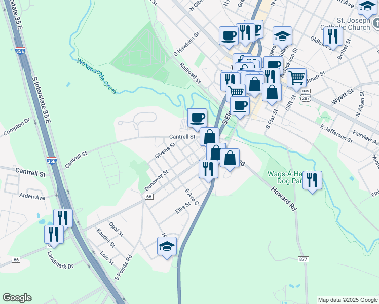 map of restaurants, bars, coffee shops, grocery stores, and more near 301 Turner Street in Waxahachie