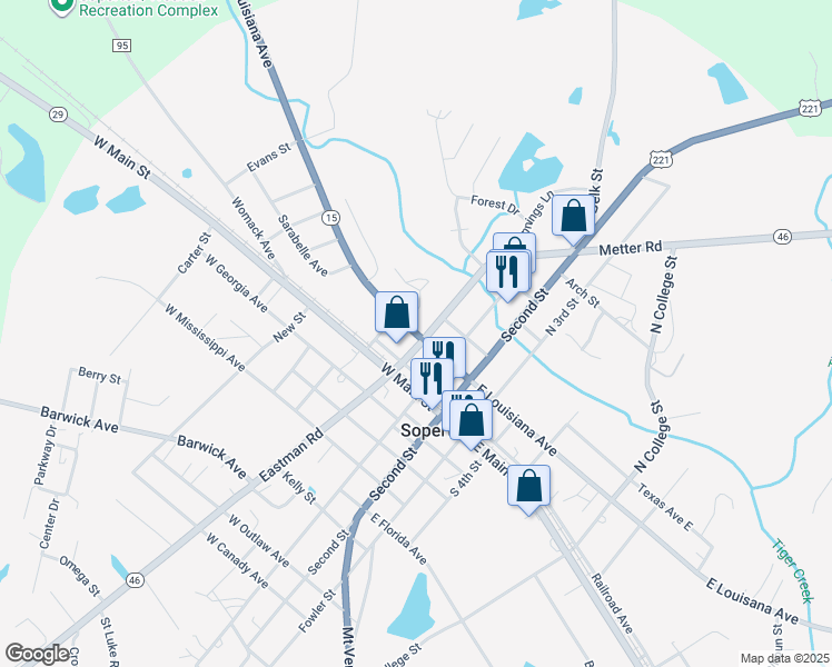 map of restaurants, bars, coffee shops, grocery stores, and more near 3740 West Louisiana Avenue in Soperton