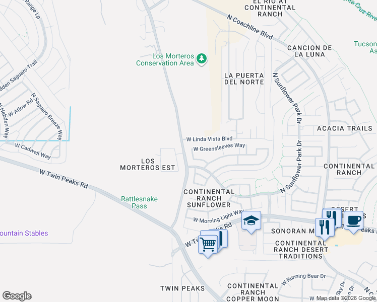 map of restaurants, bars, coffee shops, grocery stores, and more near 9567 North Antler Ridge Drive in Tucson