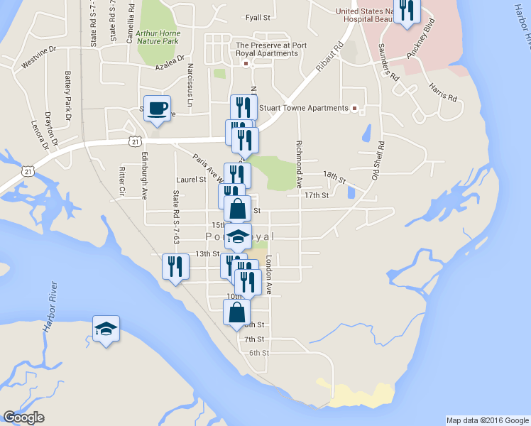 map of restaurants, bars, coffee shops, grocery stores, and more near 904B 16th Street in Port Royal