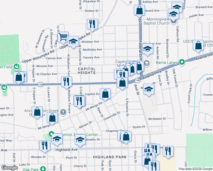 map of restaurants, bars, coffee shops, grocery stores, and more near 2126 Madison Avenue in Montgomery