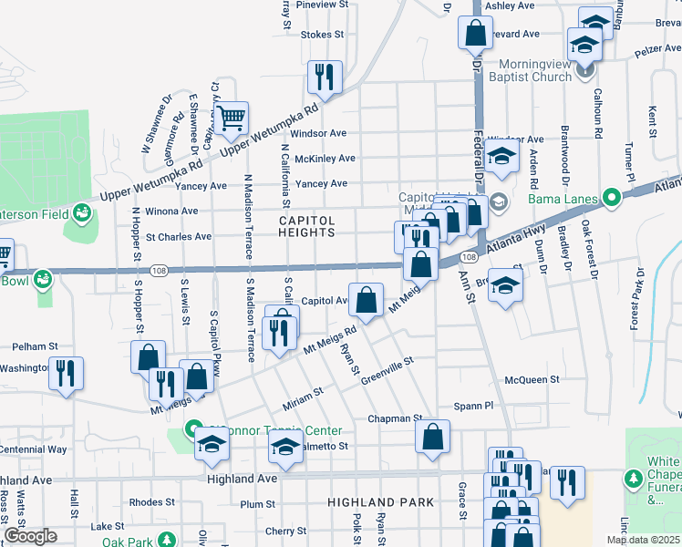 map of restaurants, bars, coffee shops, grocery stores, and more near 2080-2098 Madison Avenue in Montgomery