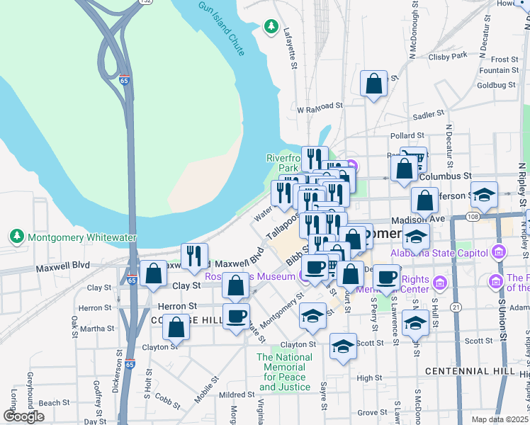 map of restaurants, bars, coffee shops, grocery stores, and more near Water Street in Montgomery
