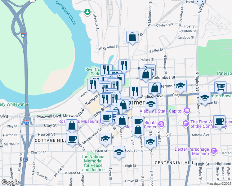map of restaurants, bars, coffee shops, grocery stores, and more near 22 Bibb Street in Montgomery