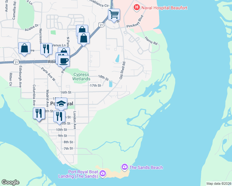 map of restaurants, bars, coffee shops, grocery stores, and more near 4 Lottery Lane in Port Royal