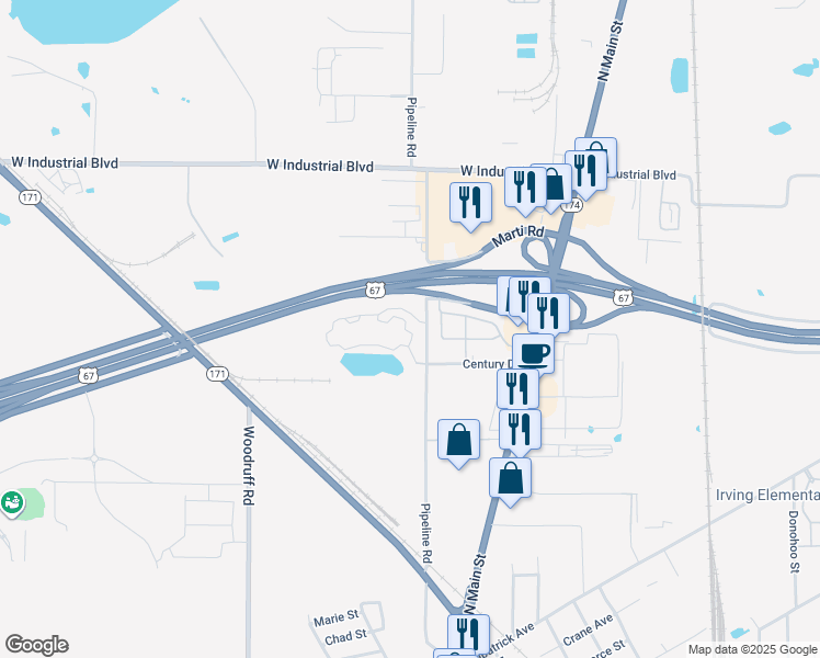 map of restaurants, bars, coffee shops, grocery stores, and more near 2205 Pipeline Road in Cleburne