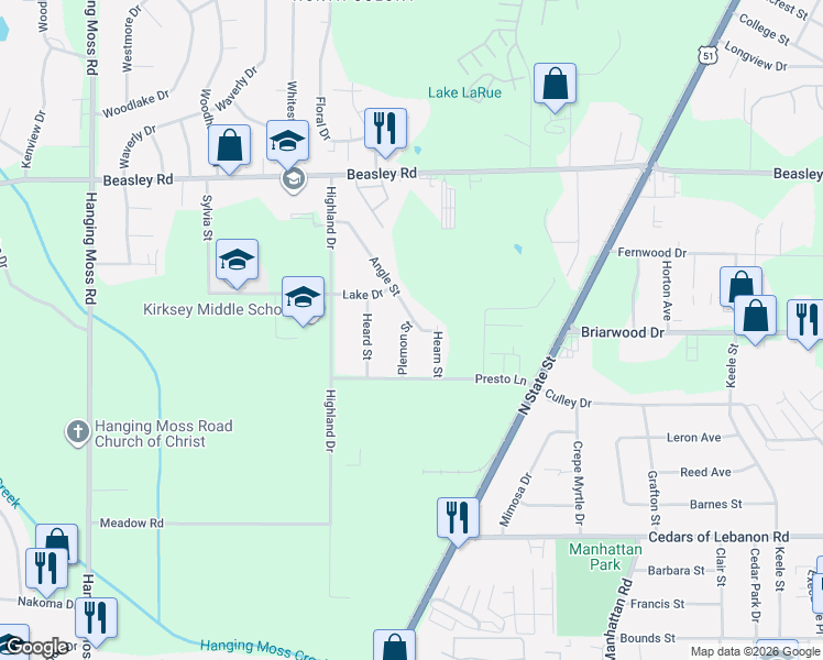 map of restaurants, bars, coffee shops, grocery stores, and more near 5656 Plemon Street in Jackson