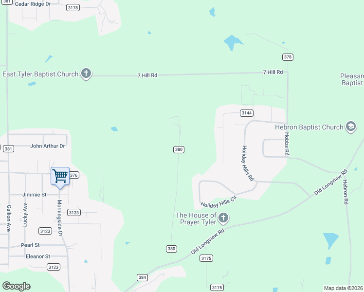 map of restaurants, bars, coffee shops, grocery stores, and more near 5252 County Road 380 in Tyler