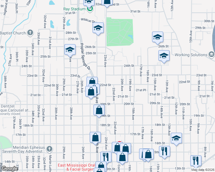 map of restaurants, bars, coffee shops, grocery stores, and more near 2136 23rd Avenue in Meridian
