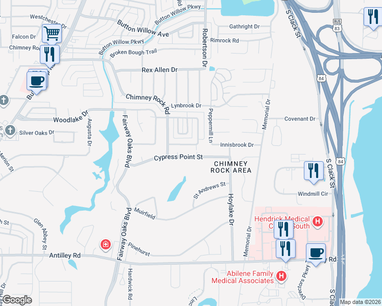 map of restaurants, bars, coffee shops, grocery stores, and more near 20 Cypress Point St in Abilene