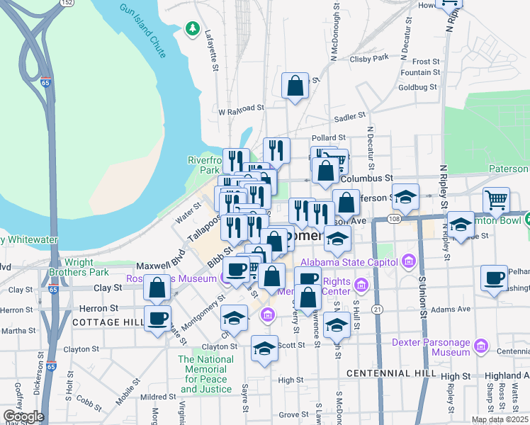 map of restaurants, bars, coffee shops, grocery stores, and more near 246 North Court Street in Montgomery