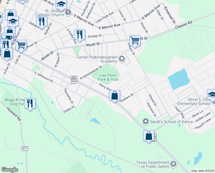 map of restaurants, bars, coffee shops, grocery stores, and more near 505 Perry Avenue in Waxahachie