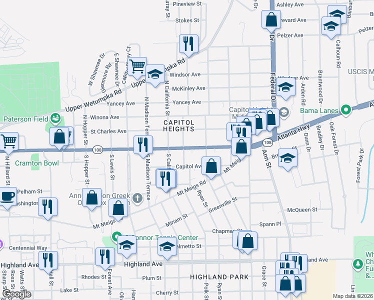 map of restaurants, bars, coffee shops, grocery stores, and more near in Montgomery