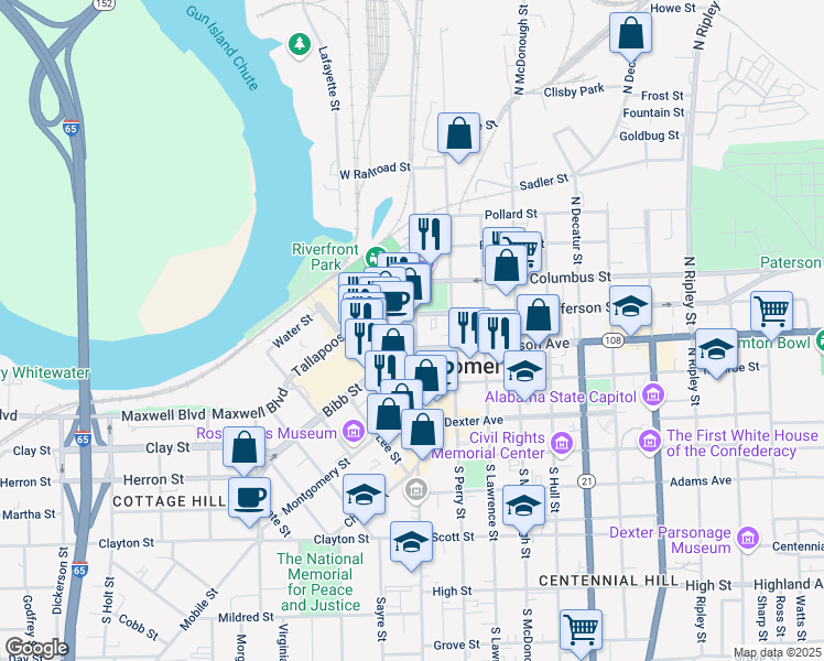 map of restaurants, bars, coffee shops, grocery stores, and more near 246 North Court Street in Montgomery