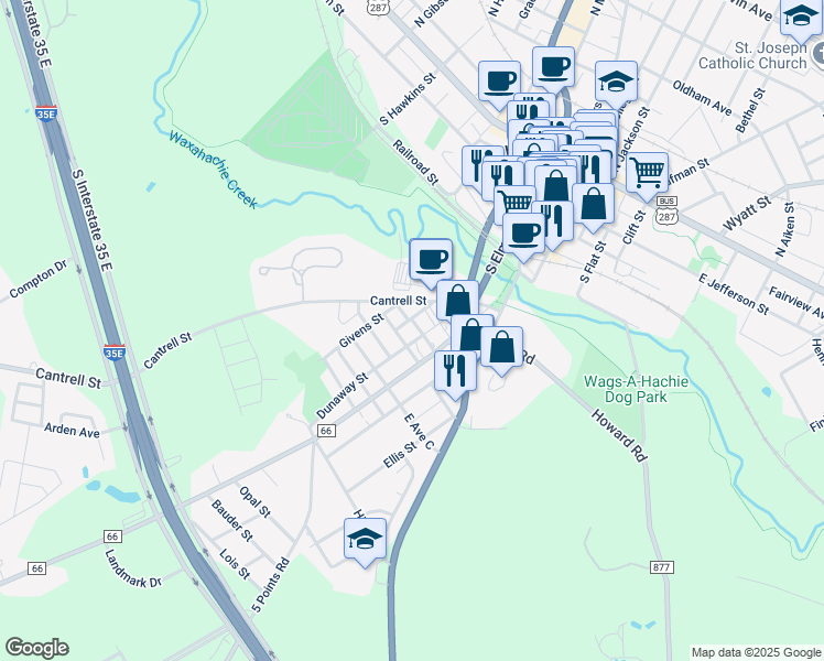 map of restaurants, bars, coffee shops, grocery stores, and more near 303 Turner Street in Waxahachie