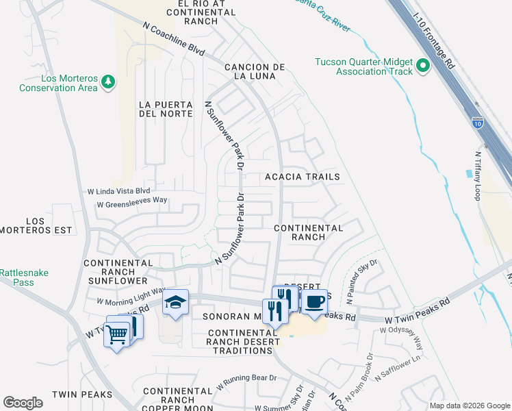 map of restaurants, bars, coffee shops, grocery stores, and more near 7653 West Starry Night Lane in Tucson