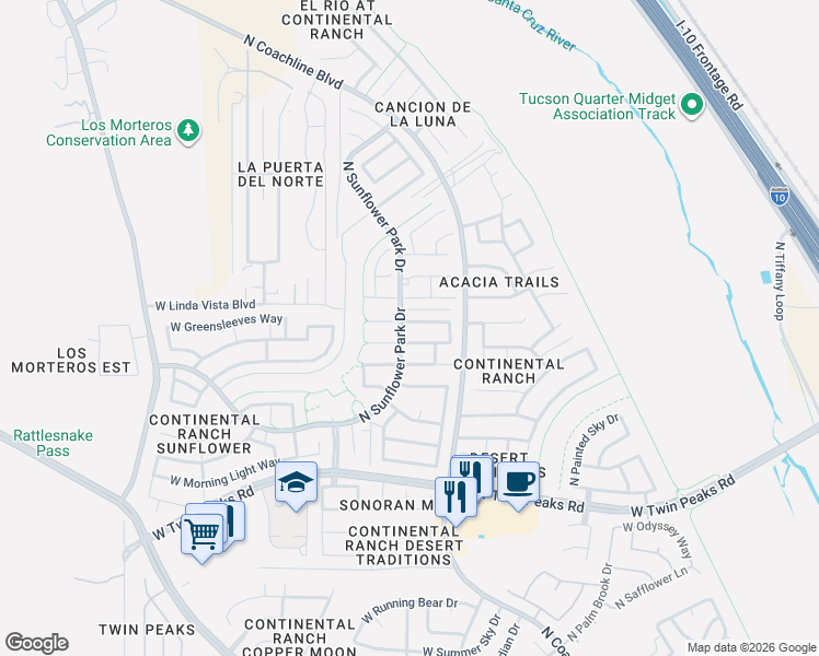 map of restaurants, bars, coffee shops, grocery stores, and more near 7683 West Starry Night Lane in Tucson