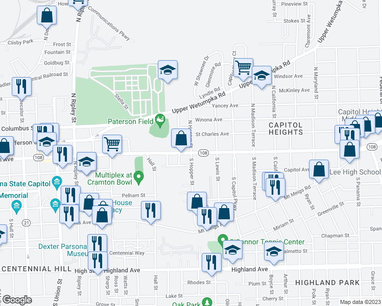 map of restaurants, bars, coffee shops, grocery stores, and more near 1 North Hopper Street in Montgomery