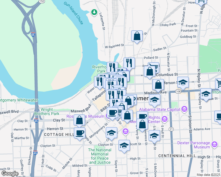 map of restaurants, bars, coffee shops, grocery stores, and more near 101 Tallapoosa Street in Montgomery