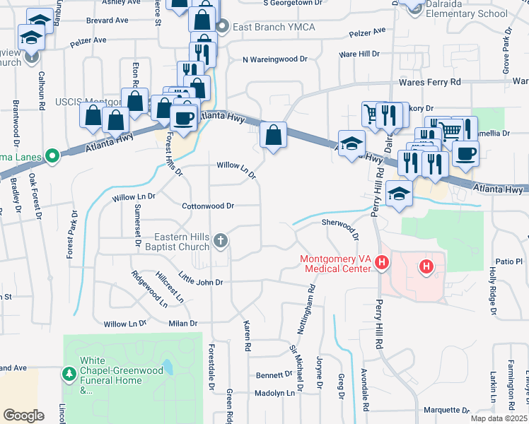 map of restaurants, bars, coffee shops, grocery stores, and more near 3649 Willow Lane Drive in Montgomery