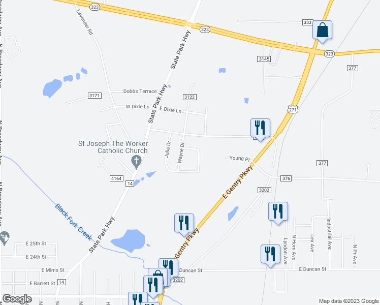 map of restaurants, bars, coffee shops, grocery stores, and more near 782 Diane St in Tyler