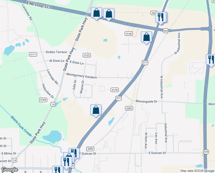 map of restaurants, bars, coffee shops, grocery stores, and more near 1479 Young Place in Tyler