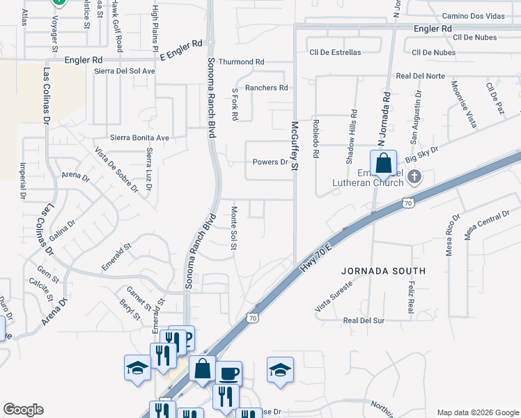 map of restaurants, bars, coffee shops, grocery stores, and more near 5481 Sombra Azul Street in Las Cruces
