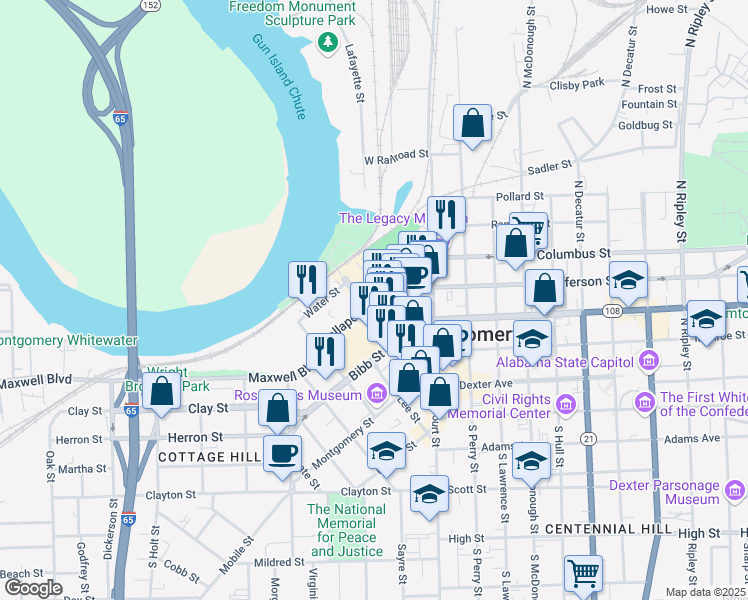 map of restaurants, bars, coffee shops, grocery stores, and more near Tallapoosa Street in Montgomery