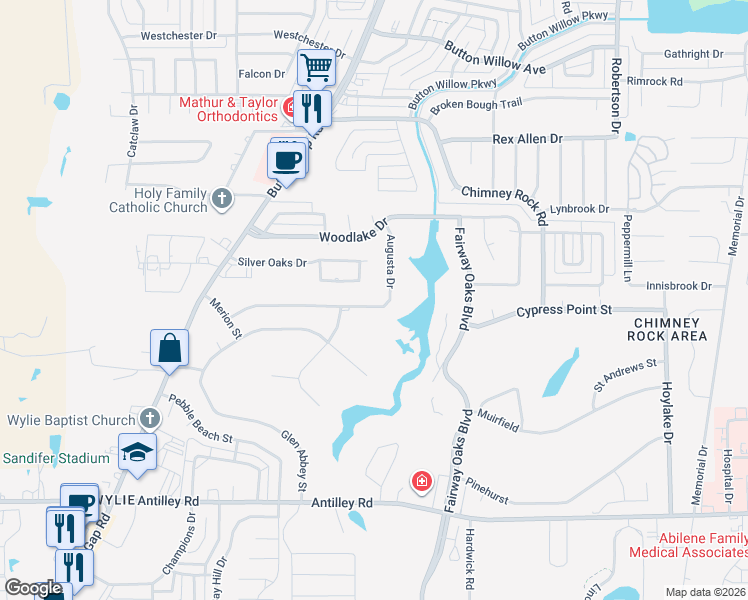 map of restaurants, bars, coffee shops, grocery stores, and more near 18 Augusta Drive in Abilene