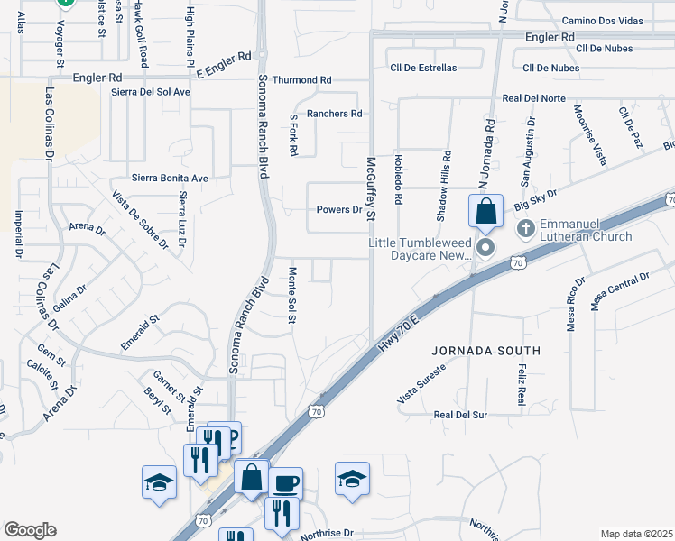 map of restaurants, bars, coffee shops, grocery stores, and more near 5480 Sombra Azul Street in Las Cruces